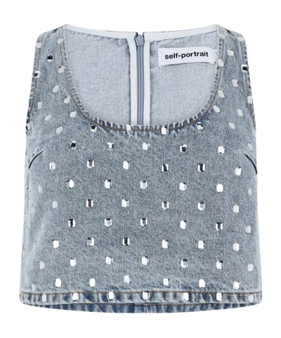 Self-portrait Rhinestone Jean Top In Gray