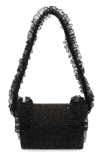 Self-portrait Rhinestone Mini Shoulder Handbag With Ruffle Detail In Black