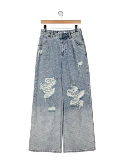 Pre-owned Self-portrait Rhinestone Ombre Distressed Jean Wide Leg Jeans In Blue