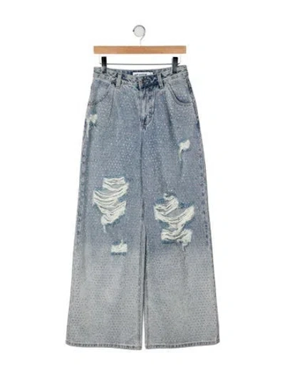 Pre-owned Self-portrait Rhinestone Ombre Distressed Jean Wide Leg Jeans In Blue