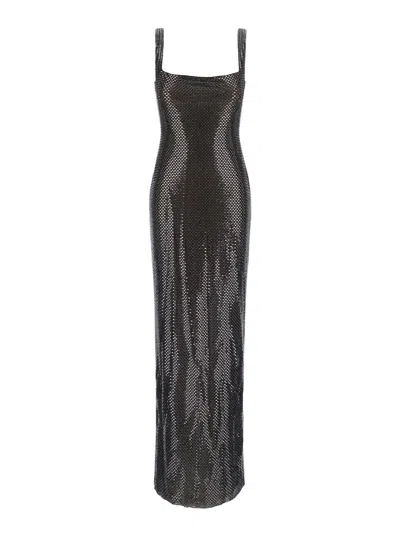 Self-portrait Rhinestone Square-neck Tech Fabric Maxi Dress In Gray
