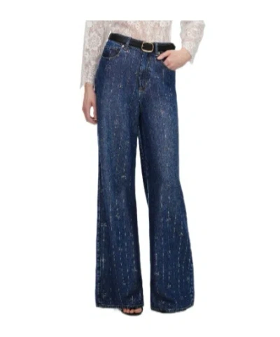 Self-portrait Rhinestone Stripe Denim Jeans In Blue