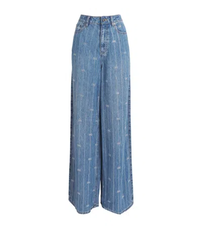 Self-portrait Rhinestone Stripe Wide-leg Jeans In Blue