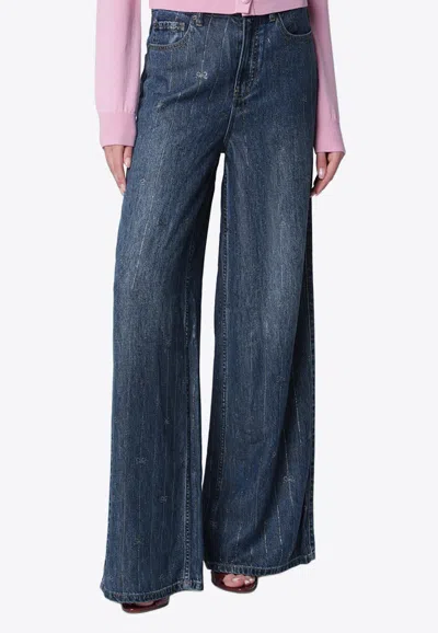 Self-portrait Rhinestone Stripe Wide-leg Jeans In Blue