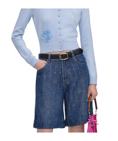 Self-portrait Rhinestone Striped Denim Shorts In Blue