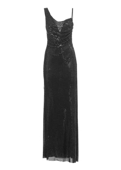 Self-portrait Rhinestone-embellished Asymmetric Maxi Dress In Black