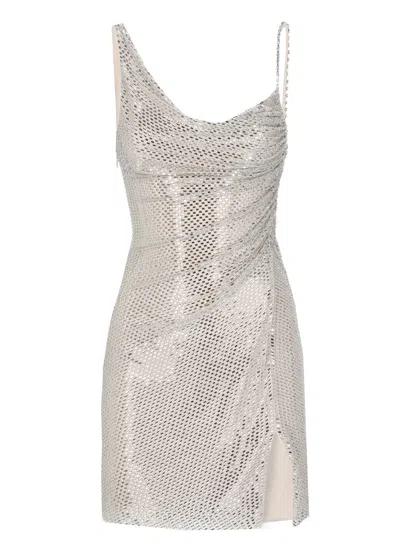 Self-portrait Rhinestone-embellished Beige Mini Dress With Double Shoulder Straps In Gray