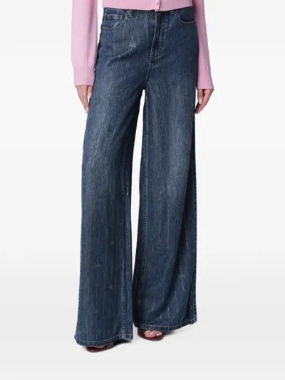 Self-portrait Self Portrait Wide-leg Denim Jeans With Rhinestone Stripes In Blue