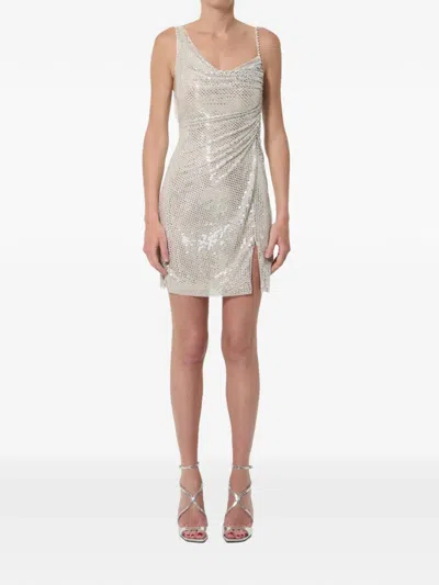 Self-portrait Rhinestone-embellished Beige Mini Dress With Double Shoulder Straps In White