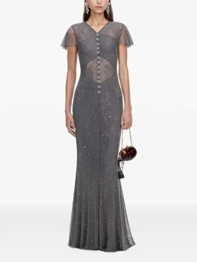 Self-portrait Rhinestone-embellished Fishnet Maxi Dress In Gray