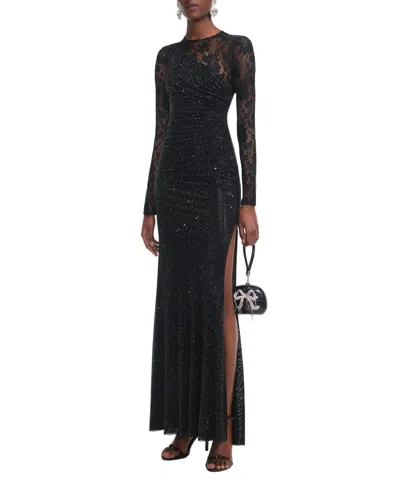 Self-portrait Rhinestone-embellished Lace Maxi Dress With Side Slit In Black