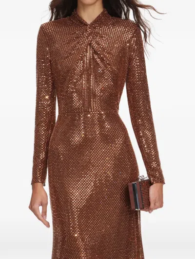 Self-portrait Rhinestone-embellished Long-sleeve Midi Dress In Brown