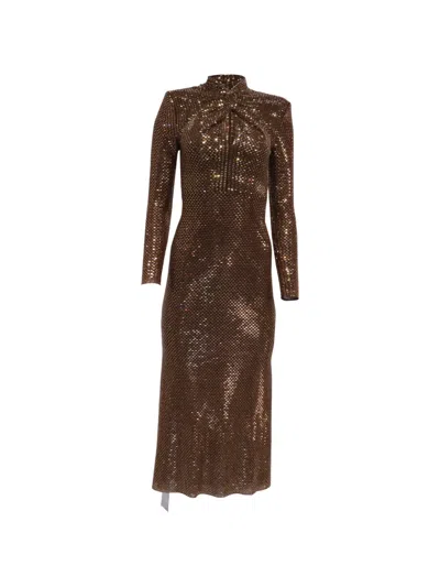 Pre-owned Self-portrait Rhinestone-embellished Midi Dress In 褐色