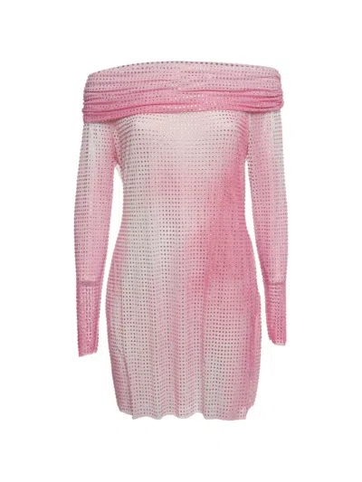 Pre-owned Self-portrait Rhinestone-embellished Off-shoulder Dress In Pink