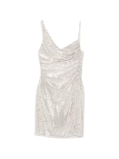 Self-portrait Rhinestone-embellished Ruched Mini Dress In Neutral