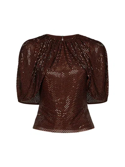 Self-portrait Rhinestone-embellished Tulle Blouse In Brown