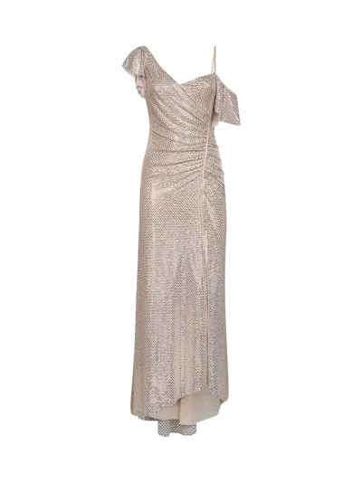 Self-portrait Champagne Rhinestone-embellished Tulle Draped Maxi Dress In White