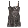 Self-portrait Gunmetal Grey Dress With Thin Straps And All-over Rhinestone Application In Tech Fabric Woman In Gray