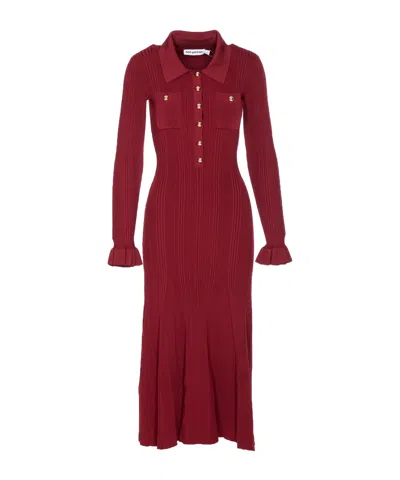 Self-portrait Ribbed Button-front Dress In Burgundy