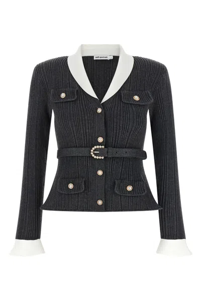 Self-portrait Ribbed Cardigan In Gray