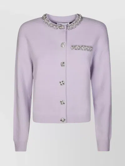 Self-portrait Ribbed Crystal-embellished Cardigan In Purple