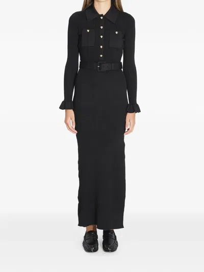 Self-portrait Ribbed Frill Maxi Dress In Black