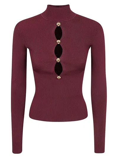 Self-portrait Ribbed High Neck Sweater With Flared Sleeves In Burgundy