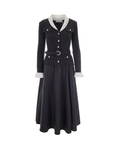 Self-portrait Ribbed Knit Button-front Long Sleeve Midi Dress With Belt In Blue