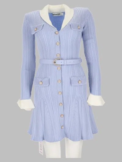 Self-portrait Ribbed Knit Button-front Mini Dress In Blue