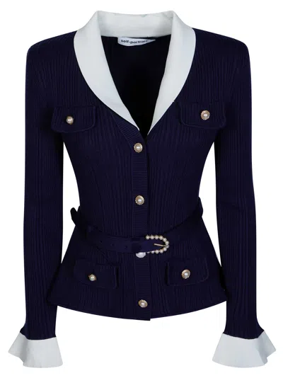 Self-portrait Ribbed Knit Cardigan In Blue