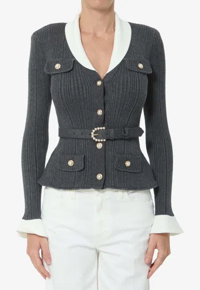 Self-portrait Ribbed Knit Cardigan In Gray