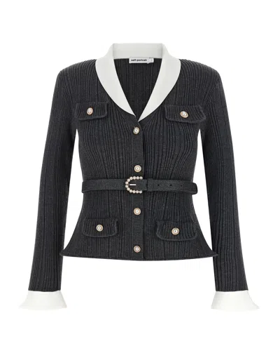 Self-portrait Ribbed Knit Cardigan With Belt In Ribbed Knit - Grey