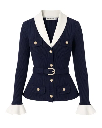 Self-portrait Ribbed Knit Cardigan With Contrast Lapels And Pearl Button Detail In Ribbed Knit - Navy