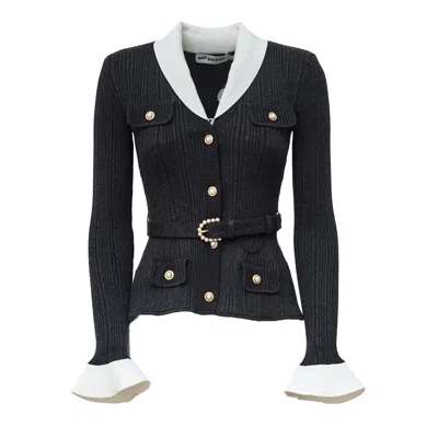 Self-portrait Ribbed Knit Cardigan With Contrasting Collar And Pearl Accents In Black