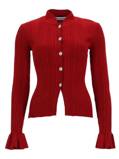 Self-portrait Ribbed Knit Cropped Cardigan With Jewel Buttons In Red
