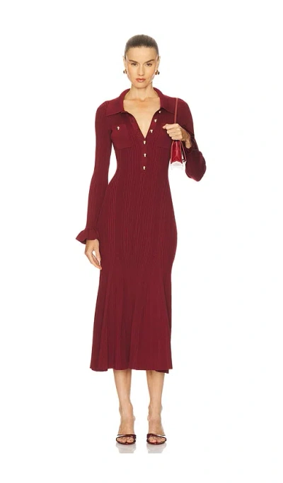 Self-portrait Button-embellished Ribbed-knit Midi Dress In Burgundy