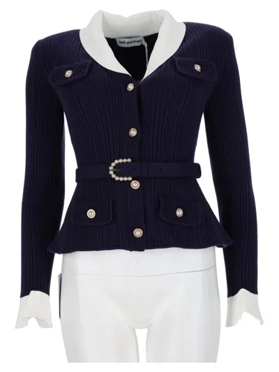 Self-portrait Ribbed Knit Sweater With Peplum Hem And Pearl Embellishments In Blue