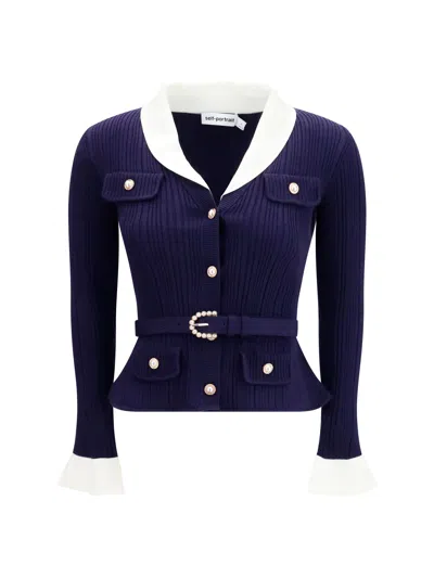 Self-portrait Ribbed Knit With Contrasting Collar Cardigan In Blue