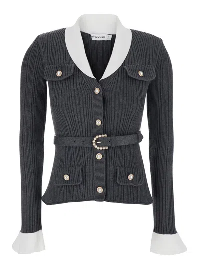 Self-portrait Ribbed Knit With Pearl Buttons Cardigan In Grey