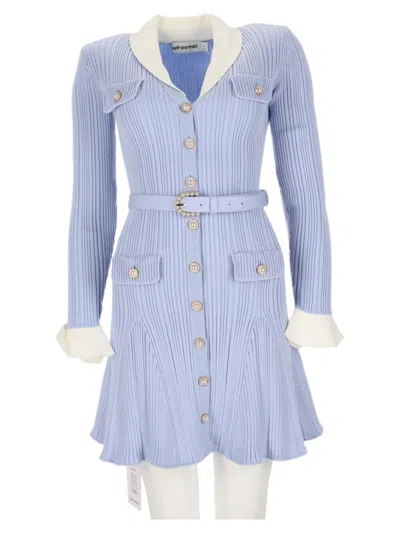Self-portrait Ribbed Mini Dress With Belted Waist And Flared Skirt In Blue