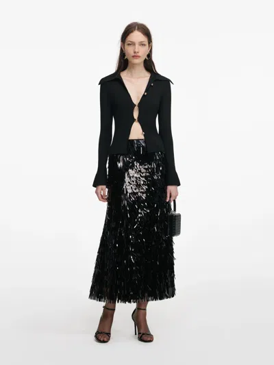 Self-portrait Ribbed Viscose Button-front Sweater With Oversized Collar In Nero