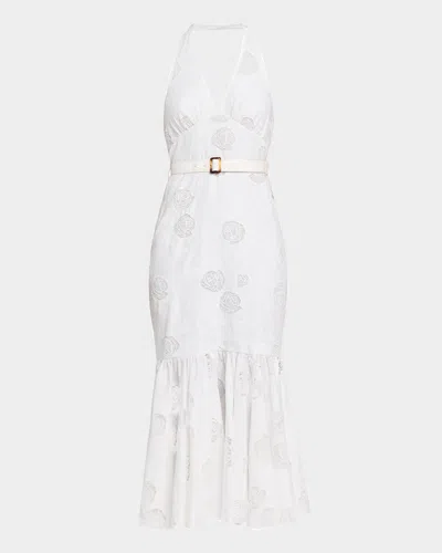 Self-portrait Rose-embroidered Lace Linen Halter Dress In White