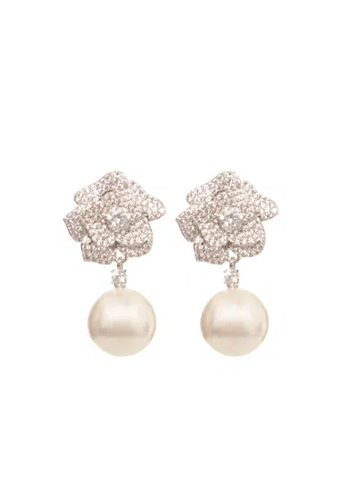 Self-portrait Rose-shaped Crystal And Pearl Earrings With Pressure Closure In Multi