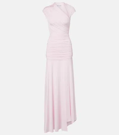 Self-portrait Ruched Asymmetric Jersey Maxi Dress In Pink