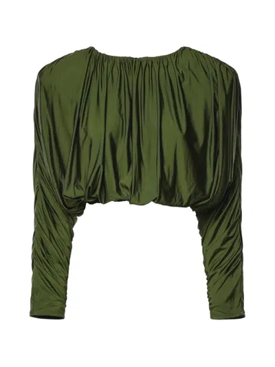 Self-portrait Olive Ruched Viscose-blend Cropped Top In Green