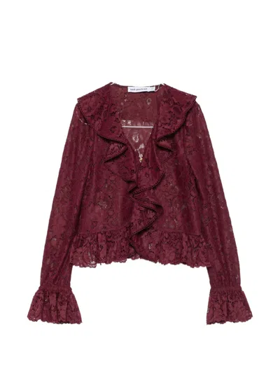 Self-portrait Burgundy Lace Ruffle Crop Top In Brown