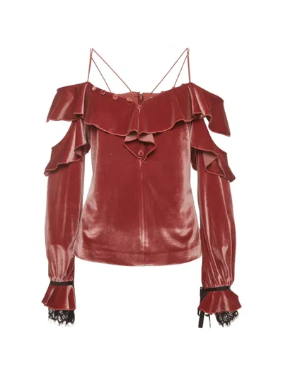 Pre-owned Self-portrait Ruffled Off-shoulder Top In Red