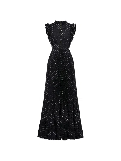 Self-portrait Black Polka Dot Frill Maxi Dress In Brown