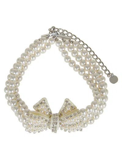 Self-portrait Satin Bow Necklace With Faux Pearls And Crystal Accents In Silver