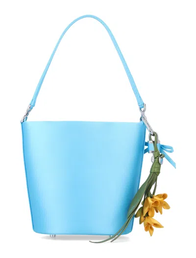 Self-portrait Satin Bucket Handbag With Removable Charms Mini Size In Blue